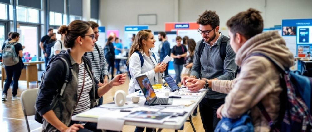 Junge Erwachsene tauschen sich an Ständen auf Ausbildung Messe in Marktredwitz aus, helle Halle mit Infos.​​​​​​​​​​​​​​​​​​​​​​​​​​​​​​​​​​​​​​​