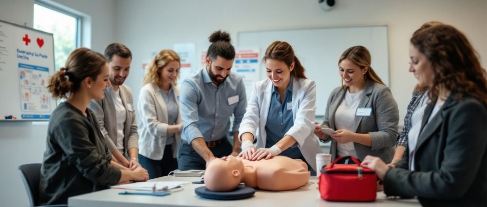 Gruppe von Erwachsenen übt Herz-Lungen-Wiederbelebung an Übungspuppe während Erstehilfekurs in hellem Raum​​​​​​​​​​​​​​​​​​​​​​​​​​​​​​​​​​​​​​​