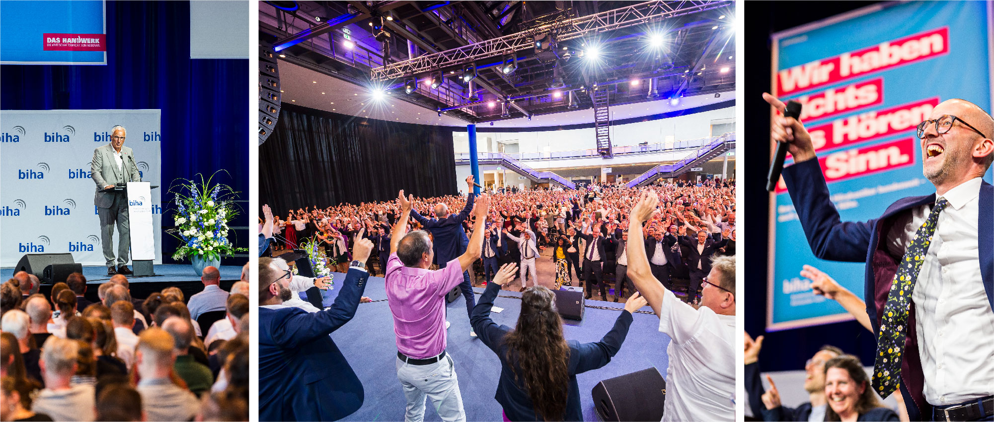 Freisprechungsfeier mit Rednern auf Bühne, großem Publikum und jubelnder Stimmung in moderner Veranstaltungshalle​​​​​​​​​​​​​​​​​​​​​​​​​​​​​​​​