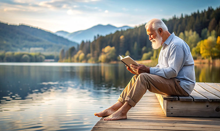 Älterer Mann sitzt barfuß auf Holzsteg am See und liest Buch in ruhiger Naturumgebung mit Bergen und Wald​​​​​​​​​​​​​​​​​​​​​​​​​​​​​​​​​​​​​​​​