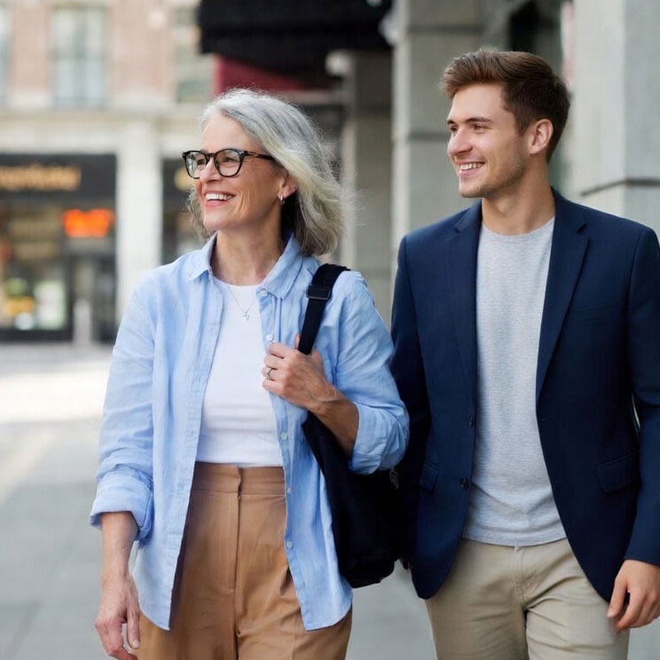 Ältere Frau mit grauen Haaren und junger Mann gehen lächelnd durch die Stadt. Freundliche Stimmung und urbanes Umfeld.​​​​​​​​​​​​​​​​​​​​​​​​​​​