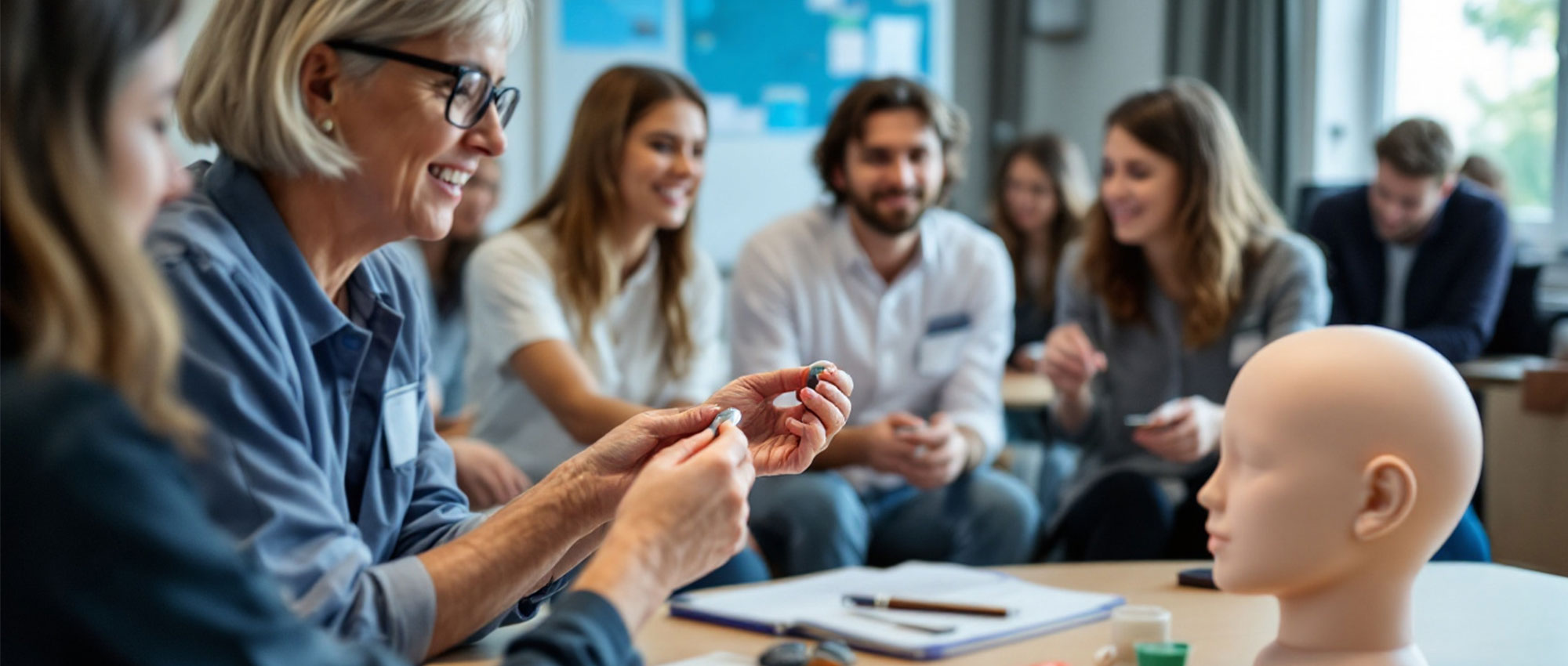 Seniorin erklärt Hörgeräte in einer Schulung mit jungen Erwachsenen in hellem Seminarraum mit Lernatmosphäre​​​​​​​​​​​​​​​​​​​​​​​​​​​​​​​​​​​​​