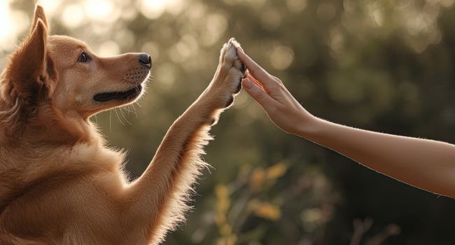 Ein Hund und eine menschliche Hand berühren sich sanft, symbolisieren Vertrauen in natürlicher Umgebung.​​​​​​​​​​​​​​​​​​​​​​​​​​​​​​​​​​​​​​​​​
