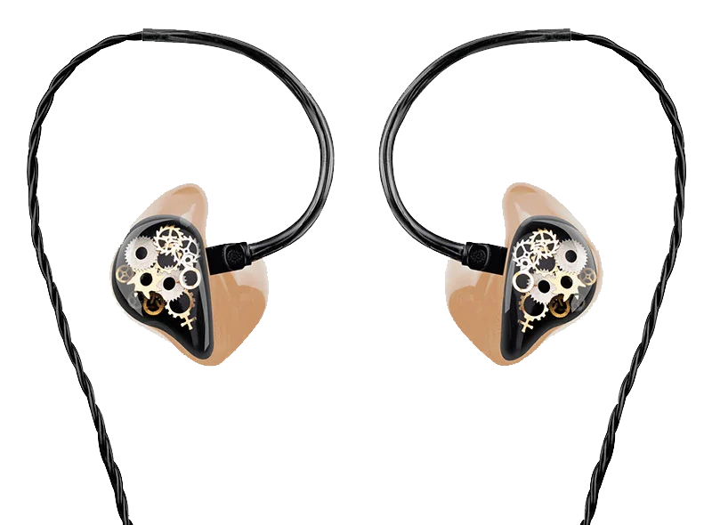 Paar maßgefertigte In-Ear Gehörschutz Ohrstöpsel mit transparentem Gehäuse und sichtbaren Zahnrädern.​​​​​​​​​​​​​​​​​​​​​​​​​​​​​​​​​​​​​​​​​​​​