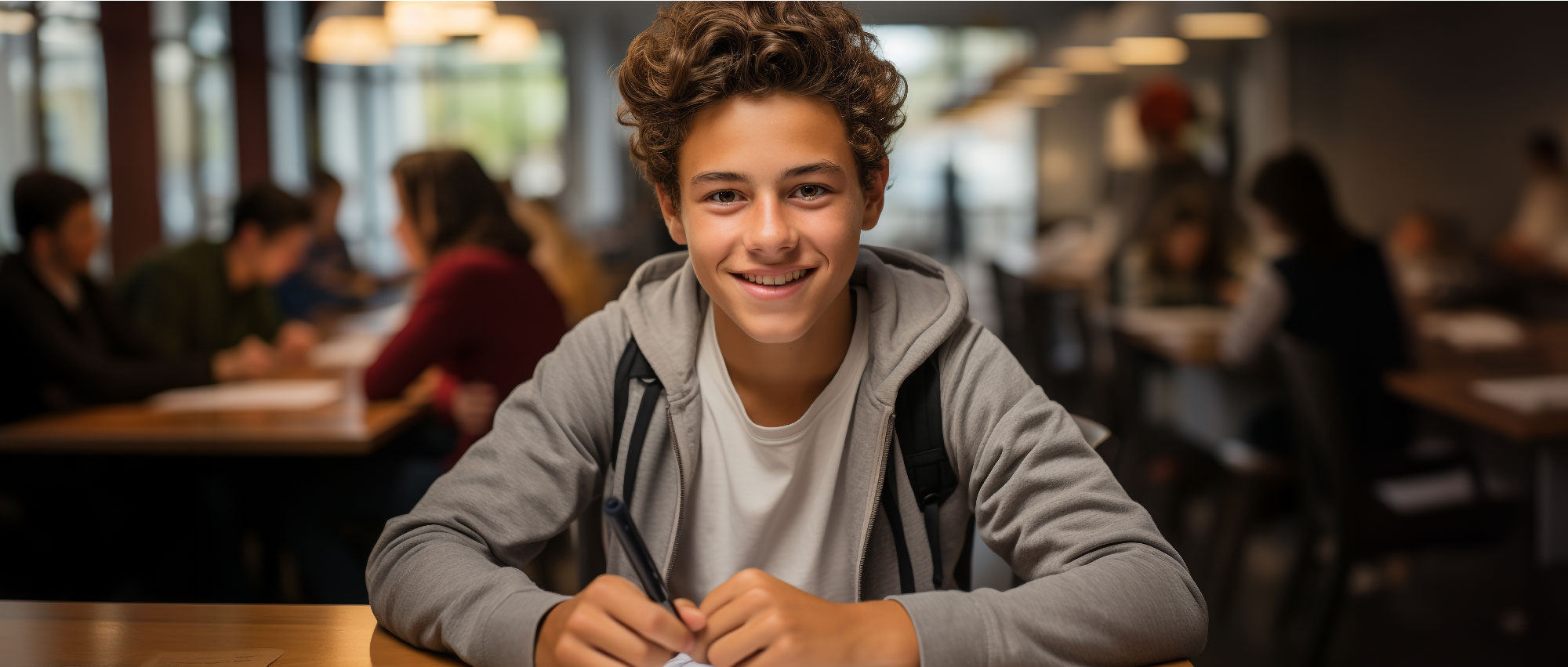 Jugendlicher Schüler sitzt lächelnd im Klassenraum und schreibt, umgeben von Mitschülern in ruhiger Lernatmosphäre​​​​​​​​​​​​​​​​​​​​​​​​​​​​​​​