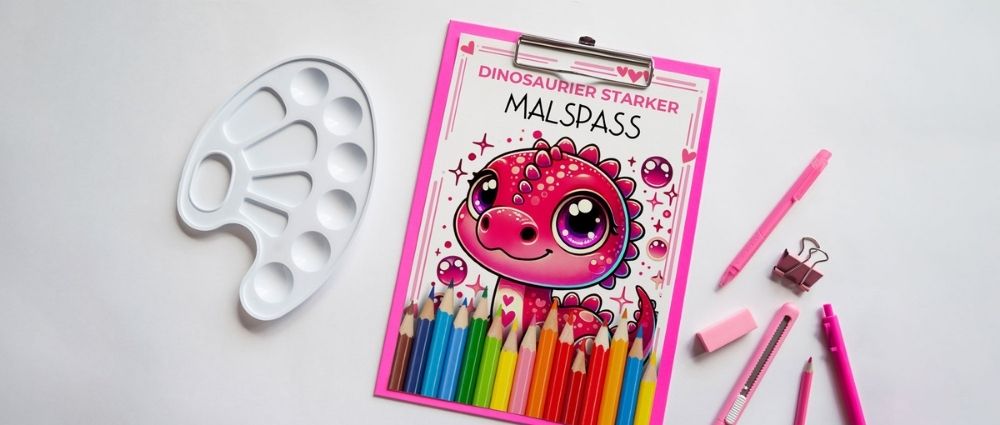 Malbuch mit rosa Dinosaurier, Buntstiften, Malkasten und rosa Schreibutensilien auf weißem Hintergrund​​​​​​​​​​​​​​​​​​​​​​​​​​​​​​​​​​​​​​​​​​​