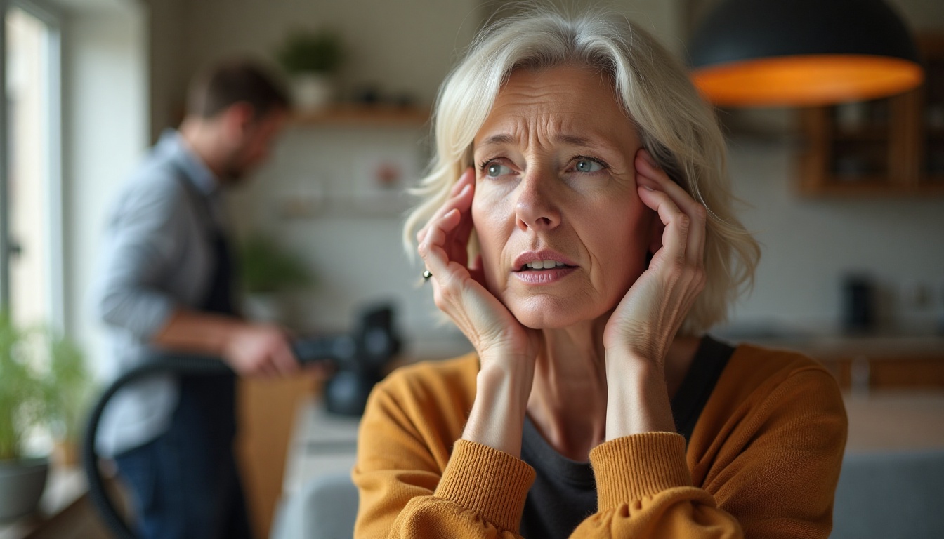 Ältere Frau hält sich in der Küche die Ohren, während Mann im Hintergrund staubsaugt, zeigt mögliche Misophonie-Situation.​​​​​​​​​​​​​​​​​​​​​​​
