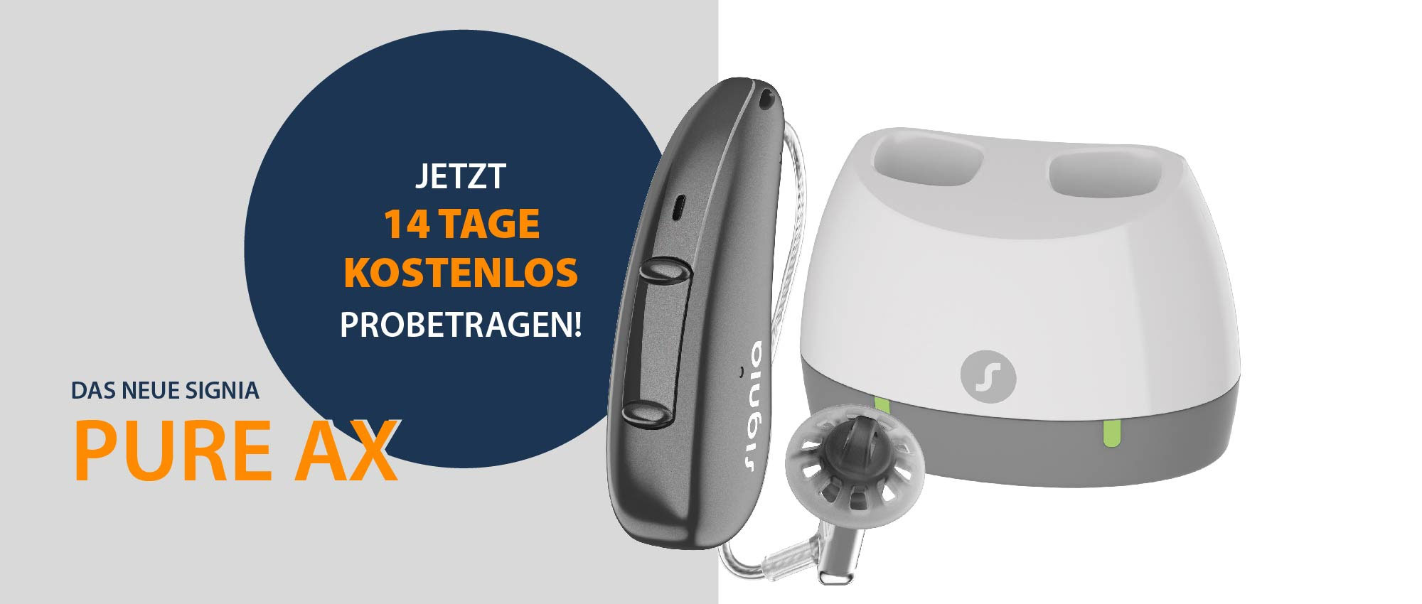 Signia Pure AX Hörgerät mit Ladestation und Ohrstück auf hellem Hintergrund, 14 Tage kostenlos probetragen​​​​​​​​​​​​​​​​​​​​​​​​​​​​​​​​​​​​​​​