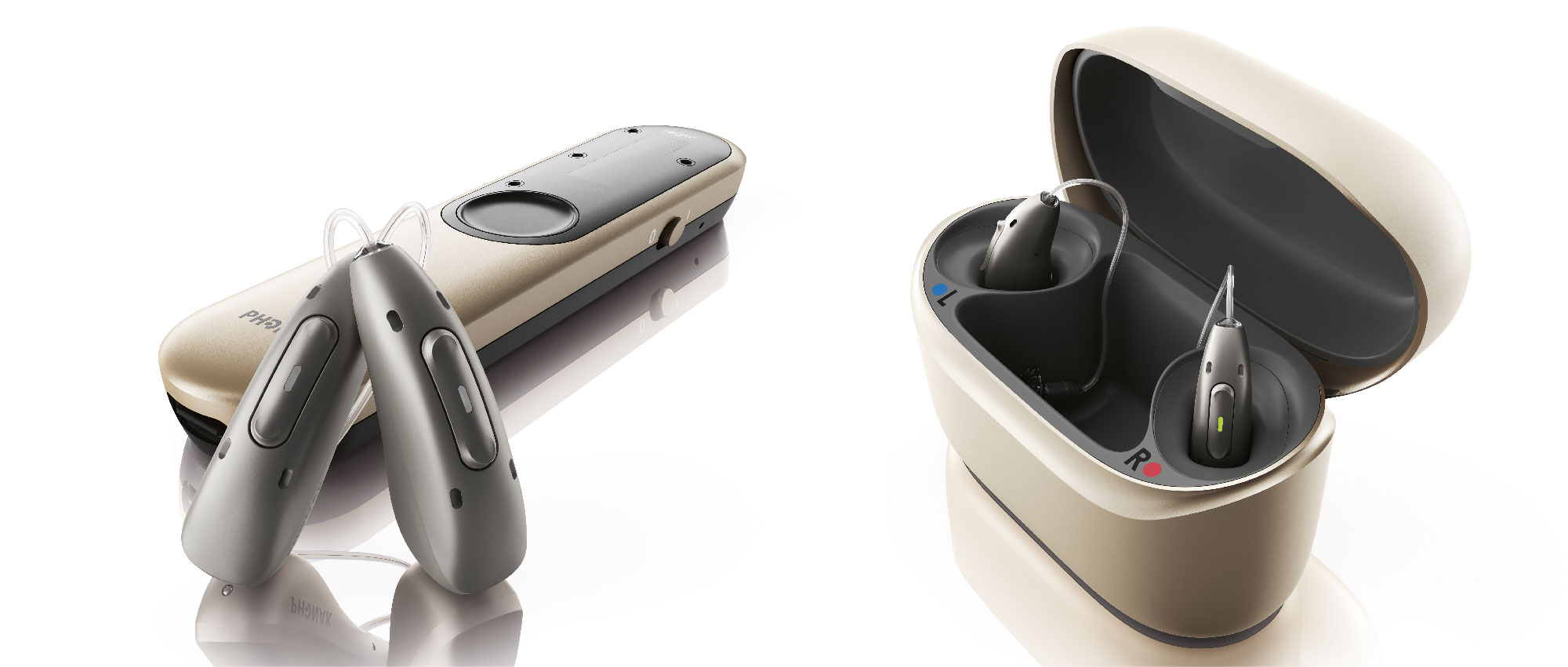 Zwei graue Hörgeräte mit Ladeetui und Fernbedienung auf weißem Hintergrund, Smart Connectivity sichtbar.​​​​​​​​​​​​​​​​​​​​​​​​​​​​​​​​​​​​​​​​​