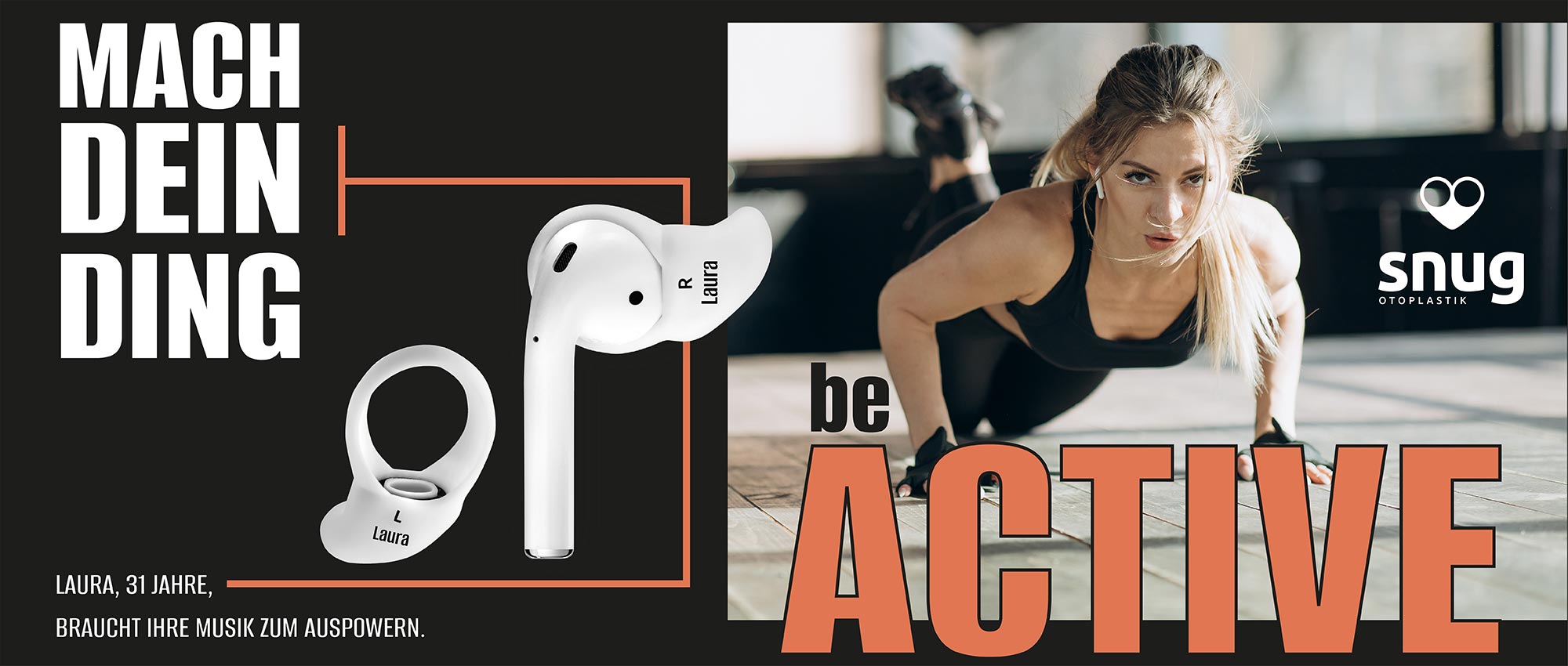 Sportliche Frau macht Liegestütze mit kabellosen Kopfhörern und individuellen Ohrpassstücken in heller Trainingsumgebung​​​​​​​​​​​​​​​​​​​​​​​​​