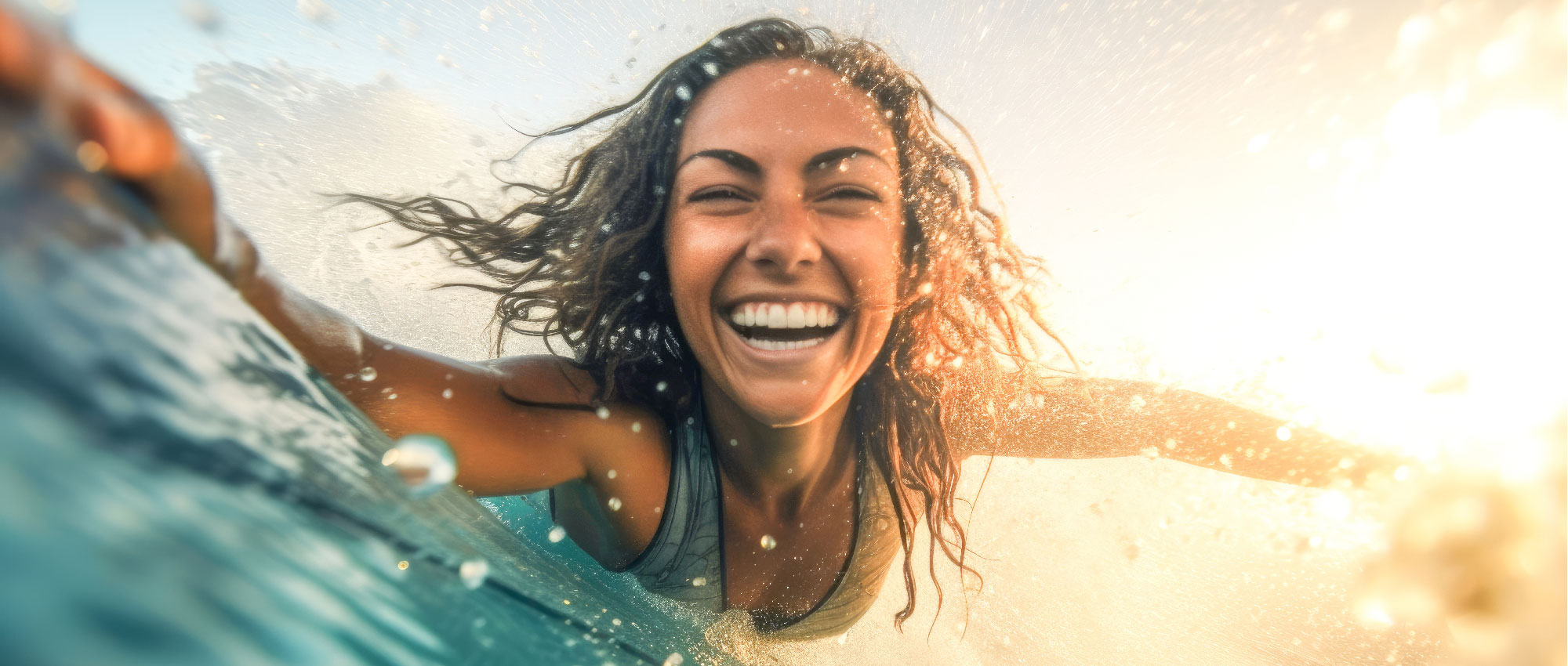 Lächelnde Frau surft im Wasser, umgeben von Spritzwasser und warmem Sonnenlicht, lebendige Wassersportstimmung​​​​​​​​​​​​​​​​​​​​​​​​​​​​​​​​​​​