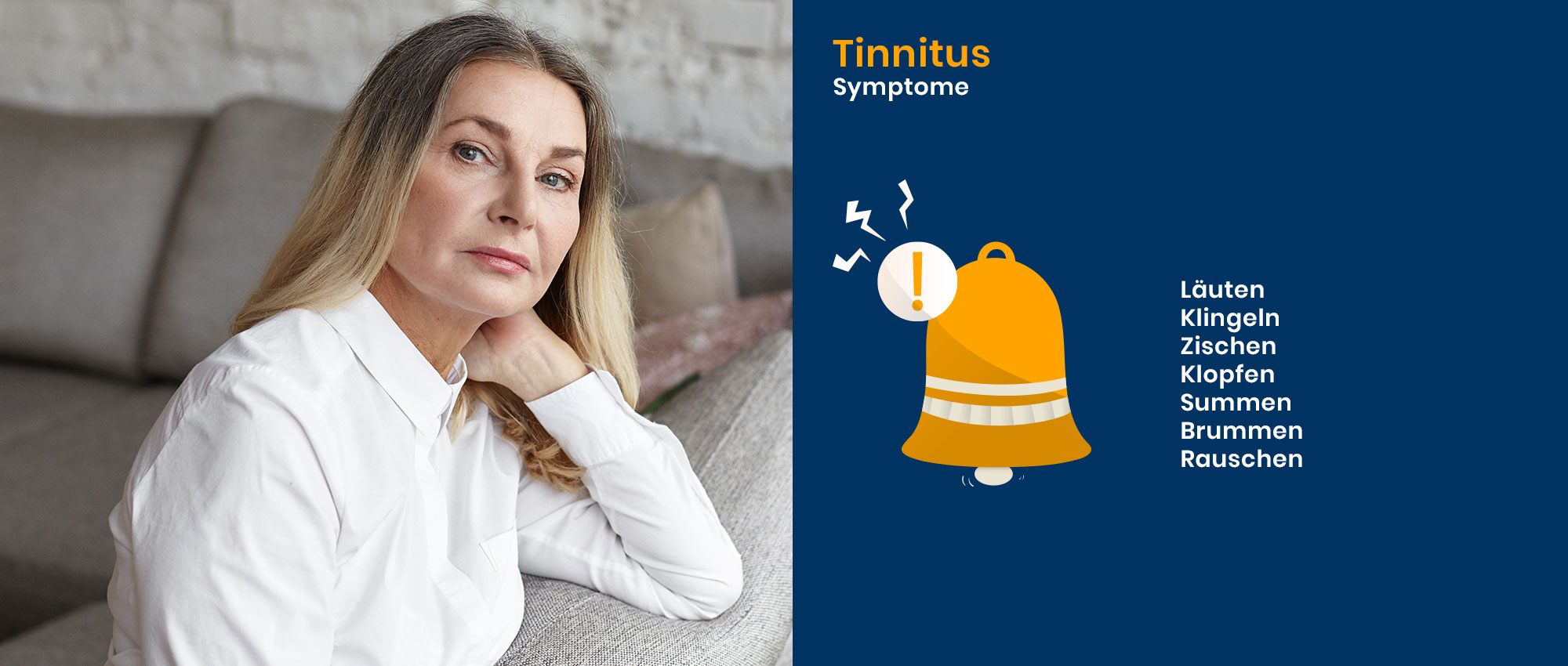 Porträt einer Frau neben Grafik mit Tinnitus-Symptomen wie Läuten, Klingeln und Rauschen in ruhiger Umgebung.​​​​​​​​​​​​​​​​​​​​​​​​​​​​​​​​​​​​