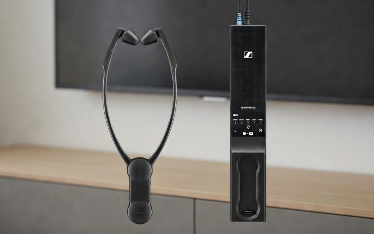 Sennheiser TV-Verstärker mit kabellosen Ohrhörern auf Holzablage vor Fernseher in modernem Wohnzimmer​​​​​​​​​​​​​​​​​​​​​​​​​​​​​​​​​​​​​​​​​​​​